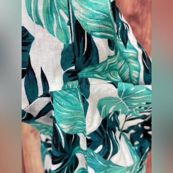 Coral Bay green teal white Monstera leaf print linen blend 3/4 sleeve blouse L - Picture 5 of 17